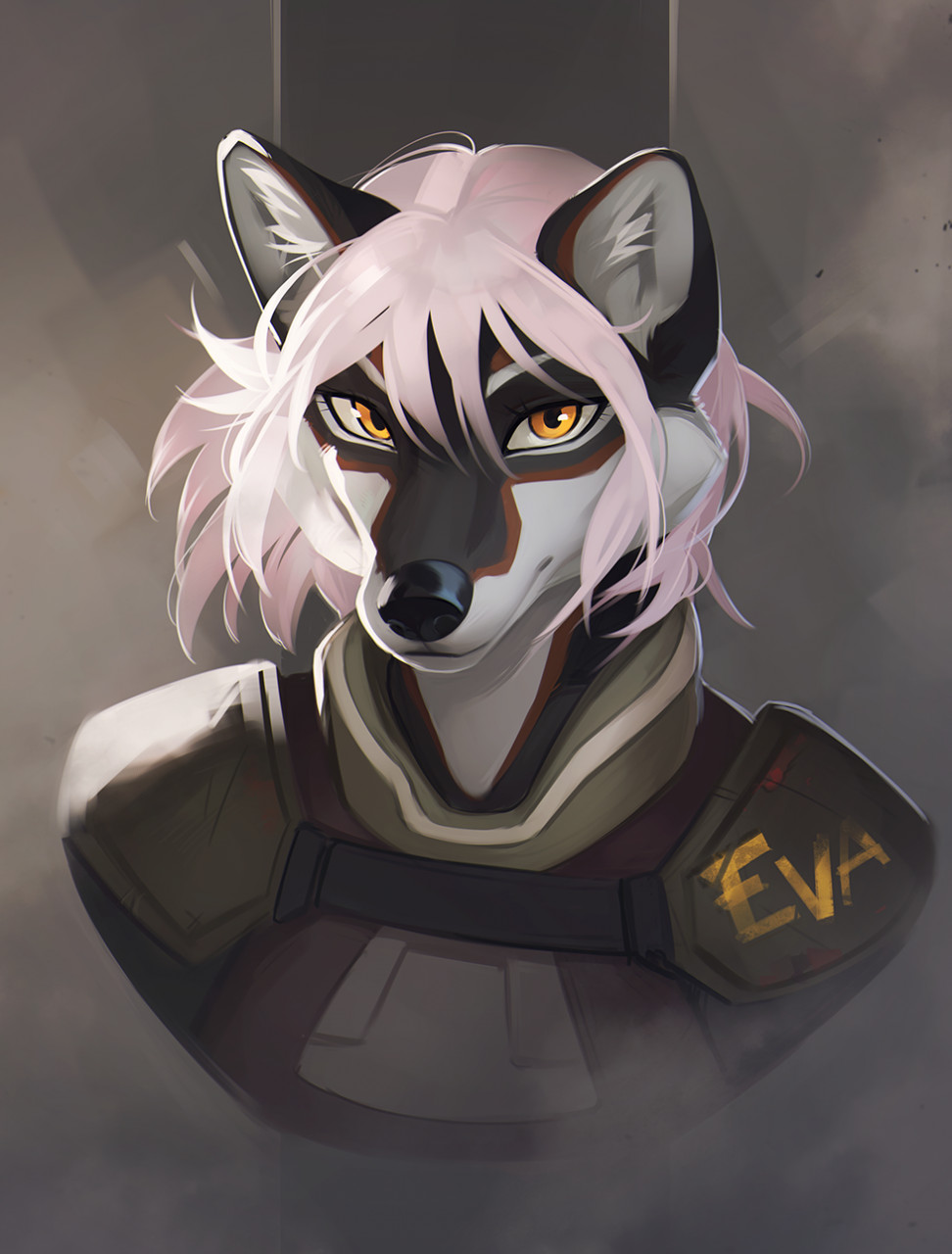 anthro black_nose bust_portrait canid canine clothed clothing digital_media_(artwork) digital_painting_(artwork) eyebrows eyelashes hair hi_res looking_at_viewer male mammal orange_eyes orphen-sirius pink_hair portrait shaded soft_shading solo