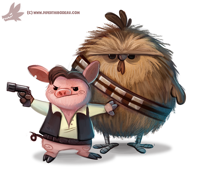 2015 anthro avian bandolier beady_eyes bird blaster_pistol bottomless brown_body brown_fur brown_hair chewbacca chicken clothed clothing cryptid-creations domestic_pig duo feral fur galliform gallus_(genus) hair han_solo hooves humor hybrid male mammal phasianid pink_body pun simple_background star_wars suid suina sus_(pig) text url visual_pun weapon white_background wookiee