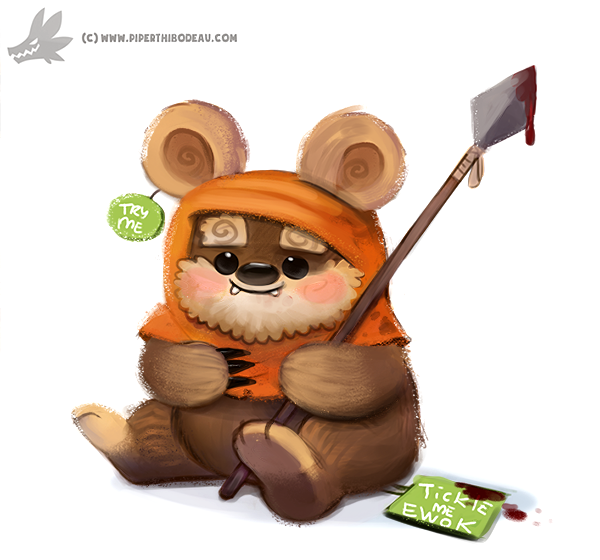 2015 black_eyes blush bottomless brown_body brown_fur claws clothed clothing cryptid-creations english_text ewok fangs food fur male mammal melee_weapon pink_body pink_fur polearm simple_background smile solo spear star_wars tag tan_body tan_fur text tickle_me_elmo url weapon white_background wicket_w._warrick