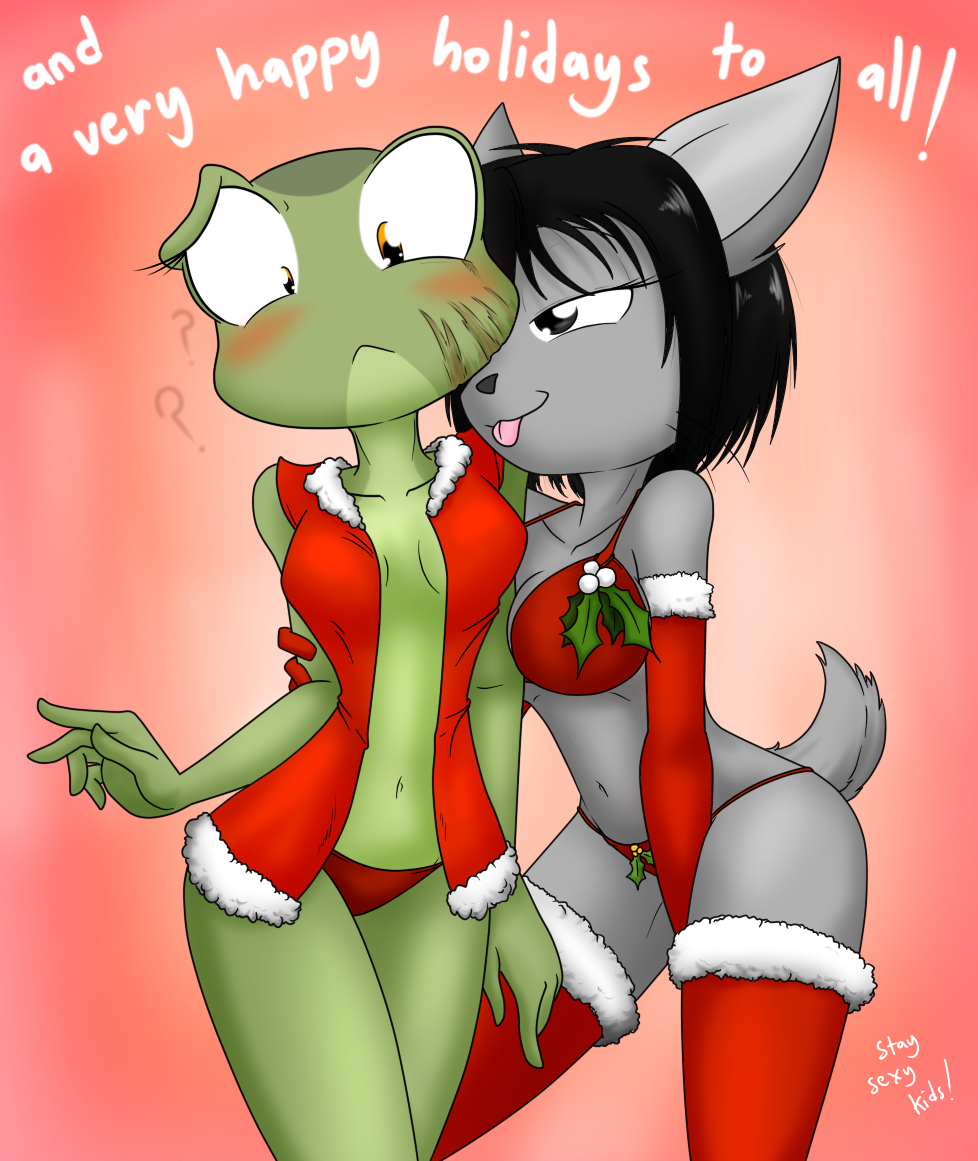 2016 ? amelia_(sandwich-anomaly) amphibian anthro big_breasts bikini black_hair blush breasts christmas christmas_clothing cleavage clothed clothing curvy_figure digital_media_(artwork) domestic_cat duo english_text eyelashes felid feline felis female female/female fingers frog fur gloves green_body green_skin grey_body grey_fur hair handwear holidays huge_breasts mammal mistletoe multicolored_body multicolored_skin navel one_eye_obstructed panties plant sandwich-anomaly scar simple_background simple_eyes smile standing swimwear text thick_thighs thong tongue tongue_out underwear vanessa_(sandwich-anomaly) voluptuous whiskers wide_hips yellow_eyes