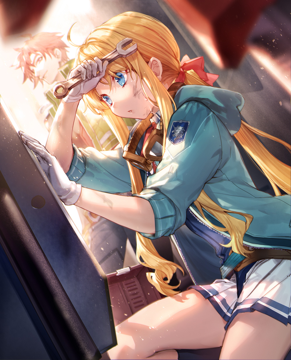 1boy 1girl achan_(blue_semi) agate_crosner ahoge blonde_hair blue_eyes blue_jacket blue_shirt chinese_commentary closed_mouth cowboy_shot dirty dirty_face dutch_angle eiyuu_densetsu gloves goggles goggles_around_neck green_jacket hair_ribbon highres holding holding_wrench hood hooded_jacket insignia jacket long_hair looking_at_another miniskirt open_clothes open_jacket parted_lips pleated_skirt ponytail red_hair red_ribbon ribbon sen_no_kiseki sen_no_kiseki_iii sen_no_kiseki_iv shirt sidelocks sitting skirt smile solo_focus sora_no_kiseki straight_hair sunlight sweat sweatdrop thighs tita_russell toolbox unzipped white_gloves white_skirt wiping_sweat wrench