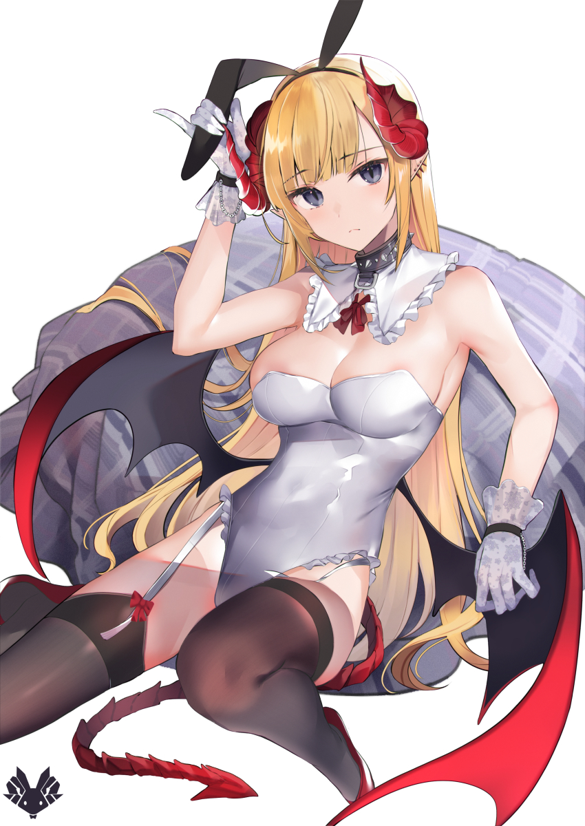 1girl animal_ears arm_up armpits banned_artist bare_arms bare_shoulders black_legwear blonde_hair blue_eyes breasts check_copyright cleavage closed_mouth collar copyright_request demon_girl demon_horns demon_tail demon_wings detached_collar earrings fake_animal_ears frills garter_straps gloves hairband highres horns jewelry large_breasts leotard long_hair looking_at_viewer original pinky_out playboy_bunny pointy_ears rabbit_ears sidelocks sitting solo strapless strapless_leotard tail tetsubuta thighhighs very_long_hair white_gloves white_leotard wings