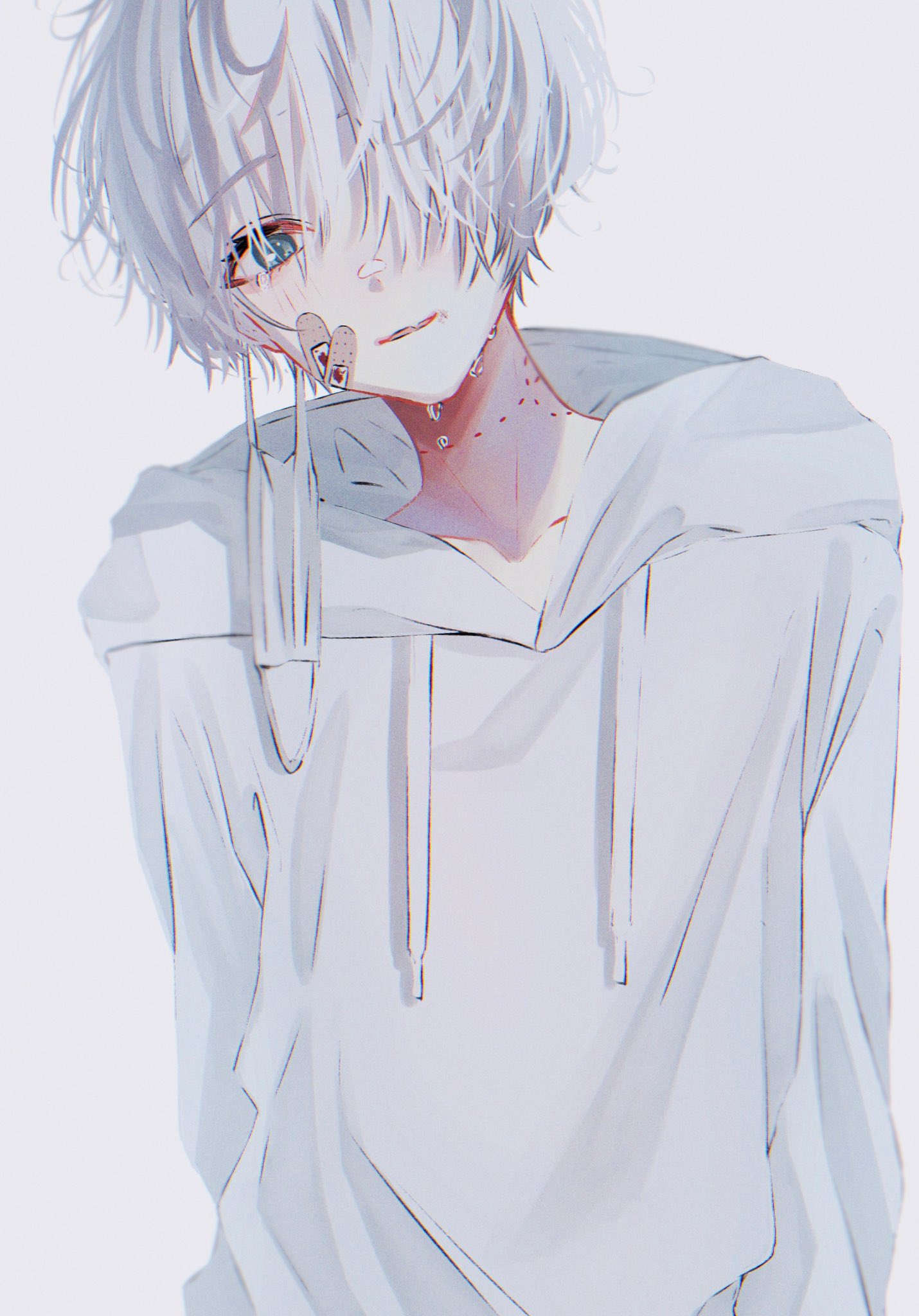 1boy arm_at_side arms_behind_back bad_id bad_twitter_id bandages bandaid bite_mark blood blood_stain bloody_bandages character_request crying crying_with_eyes_open fang g_ig98 hair_over_one_eye head_tilt highres hood hood_down hoodie inactive_account light_smile mask mask_removed original parted_lips short_hair skin_fang solo sweater tagme tears white_background white_hair white_hoodie white_sweater