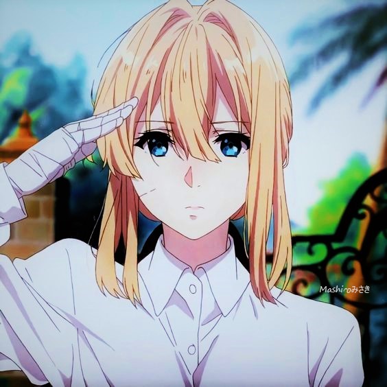 1girl bandaged_hand bangs blonde_hair blue_eyes blurry blurry_background closed_mouth collared_shirt dress_shirt eyebrows_visible_through_hair hair_between_eyes hair_intakes looking_at_viewer mashiro_(pixiv68940222) salute screencap shirt short_hair_with_long_locks sidelocks solo third-party_edit upper_body violet_evergarden violet_evergarden_(character) white_shirt wing_collar