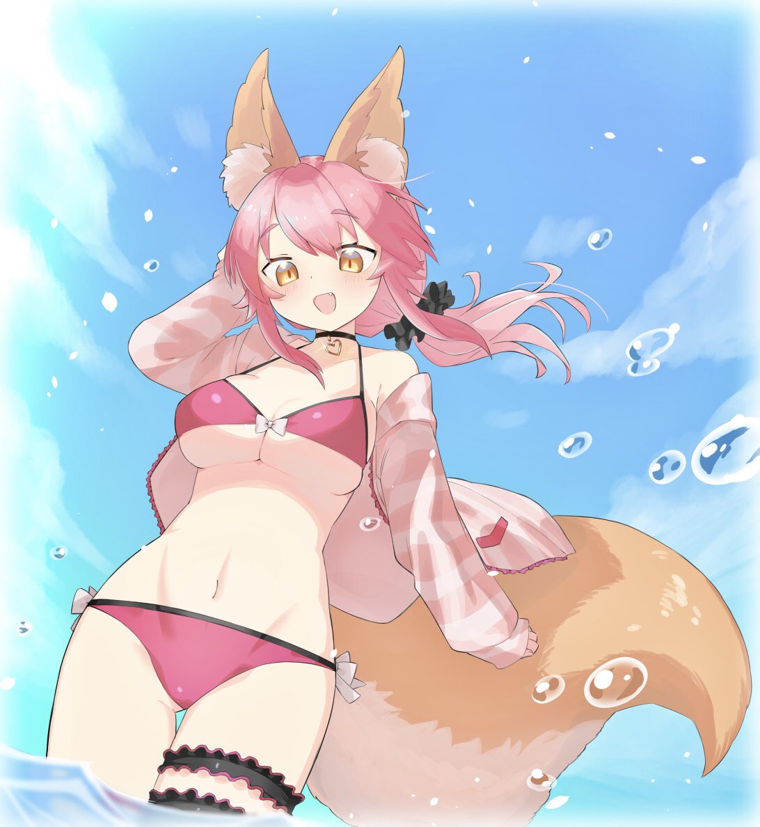 1girl animal_ears beach bikini blue_sky breasts day dutch_angle fate/extra fate_(series) fox_ears fox_girl fox_tail hood hoodie looking_at_viewer looking_down off_shoulder open_mouth pink_hair pink_swimsuit scrunchie sky solo standing stomach summer swimsuit tail tamamo_(fate)_(all) tsukimi_okayu yellow_eyes