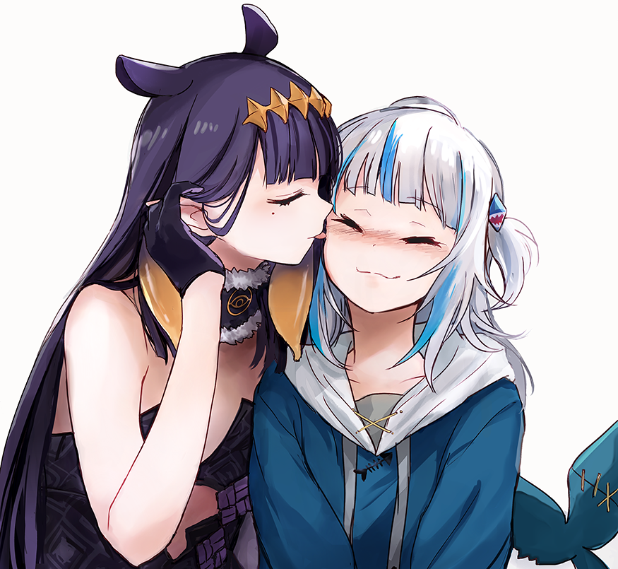 2girls bangs black_gloves blue_hoodie blush closed_eyes closed_mouth collarbone commentary diamond_hairband eyebrows_visible_through_hair fish_tail fur-trimmed_choker gawr_gura gloves hair_ornament headpiece hololive hololive_english hood hoodie licking licking_cheek licking_face light_blue_hair long_hair mole mole_under_eye multicolored_hair multiple_girls ninomae_ina'nis pointy_ears purple_hair shark_hair_ornament shark_tail simple_background smile split_mouth tail tentacle_hair upper_body virtual_youtuber white_background white_hair yuri yuuyu_(777)