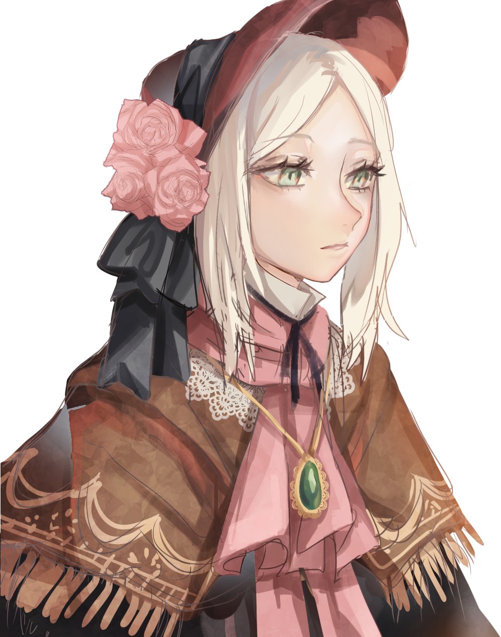 1girl bangs bloodborne bonnet cloak doll_joints doodle dress flower hat highres jackii joints long_hair plain_doll silver_hair simple_background solo swept_bangs white_hair