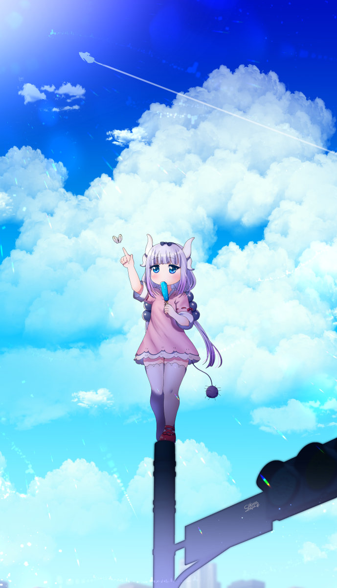 1girl bangs blue_sky blunt_bangs bug butterfly cloud cloudy_sky commentary_request dragon_girl dragon_horns dragon_tail dress eyebrows_visible_through_hair hair_bobbles hair_ornament hairband highres horns insect kanna_kamui kobayashi-san_chi_no_maidragon long_hair looking_away looking_up low_twintails mary_janes pink_dress pointing purple_eyes shoes short_sleeves sidelocks sky solo standing suou_sakura tail thighhighs traffic_light twintails utility_pole white_hair white_legwear zettai_ryouiki