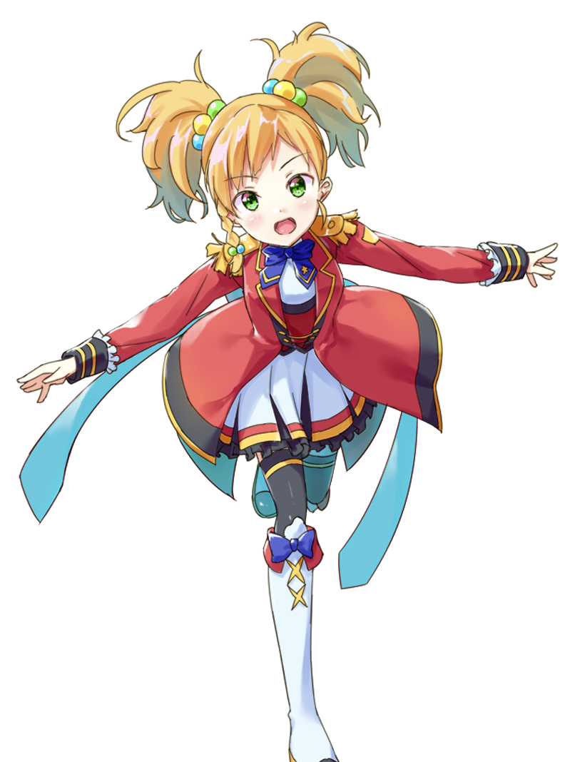 1girl aikatsu!_(series) aikatsu_stars! akazateri bangs black_legwear blonde_hair blush boots bow bowtie commentary_request dress eyebrows_visible_through_hair feet_out_of_frame green_eyes hands_up jacket knee_boots leg_up long_sleeves looking_at_viewer medium_hair nikaidou_yuzu open_mouth outstretched_arms red_jacket simple_background single_sidelock smile solo swept_bangs thighhighs twintails white_background white_dress white_footwear zettai_ryouiki