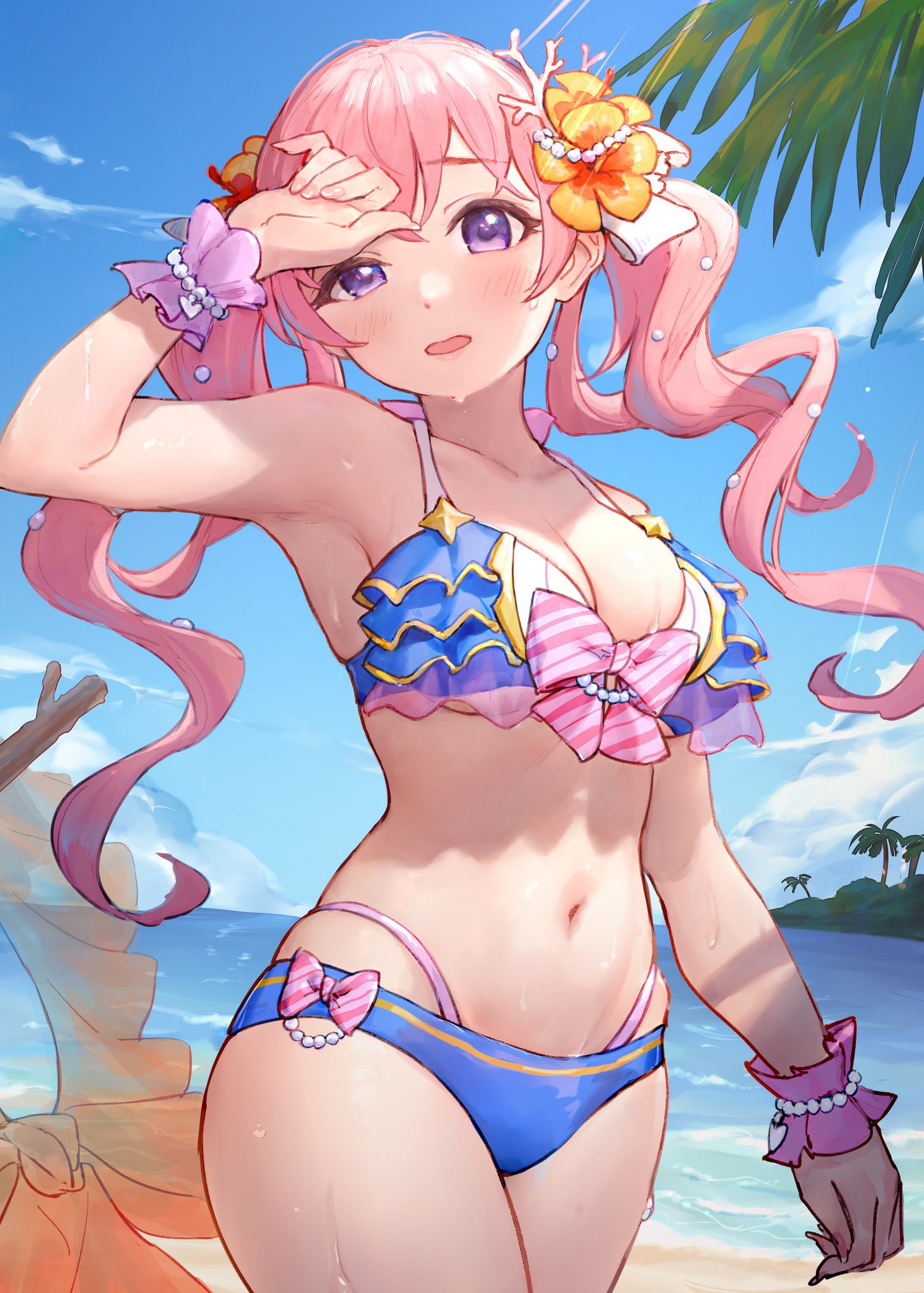 1girl arm_up bangs beach bikini blue_swimsuit blush bow breasts cleavage collarbone commentary_request cowboy_shot day flower hair_bow hair_flower hair_ornament heart highres large_breasts long_hair looking_at_viewer navel ocean open_mouth orange_flower outdoors pink_bow pink_hair princess_connect! purple_eyes skindentation solo striped striped_bow swimsuit takeashiro tsumugi_(princess_connect!) twintails water wet wet_hair white_bow wrist_cuffs