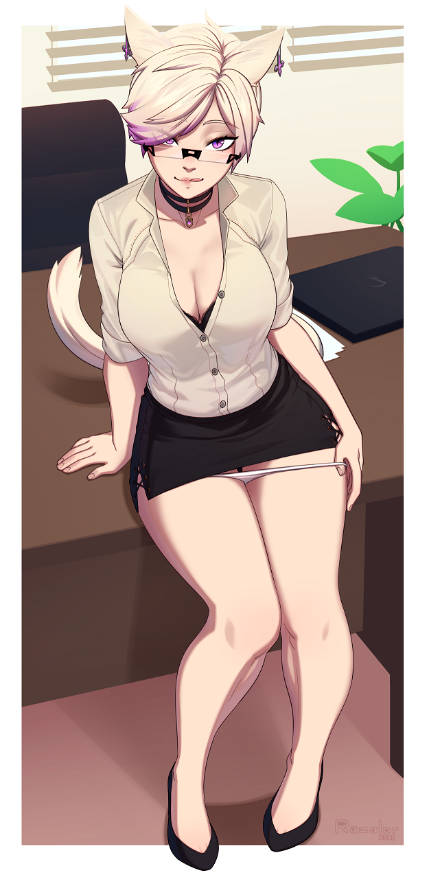 1girl animal_ears beige_shirt black_bra black_choker black_footwear bra breasts cat_ears choker cleavage collared_shirt commission cross cross_earrings curvy desk earrings english_commentary eyeliner eyeshadow fictional_persona final_fantasy final_fantasy_xiv full_body glasses high_heels highres jewelry knees_together_feet_apart large_breasts licking_lips looking_at_viewer makeup maria_reya miqo'te naughty_face office_lady on_desk panties panty_pull partially_unbuttoned pencil_skirt platinum_blonde_hair pulled_by_self razalor rimless_eyewear second-party_source shirt short_hair sitting skirt sleeves_pushed_up slit_pupils solo stiletto_heels thighs tongue tongue_out underwear white_panties