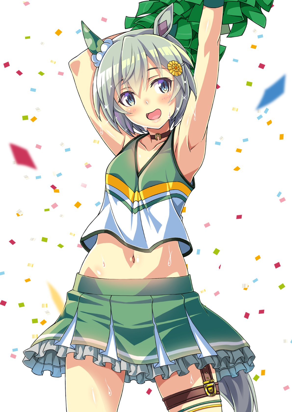 1girl animal_ears armpits arms_up bangs cheering cheerleader collarbone confetti crop_top crop_top_overhang ear_covers frilled_skirt frills green_eyes green_hair green_shirt green_skirt hair_between_eyes hair_ornament hairclip highres holding holding_pom_poms horse_ears horse_girl horse_tail looking_at_viewer macaroni_hourensou midriff miniskirt navel open_mouth pleated_skirt pom_pom_(cheerleading) seiun_sky_(umamusume) shirt short_hair simple_background skirt sleeveless sleeveless_shirt smile solo sweat tail two-tone_shirt two-tone_skirt umamusume white_background white_shirt