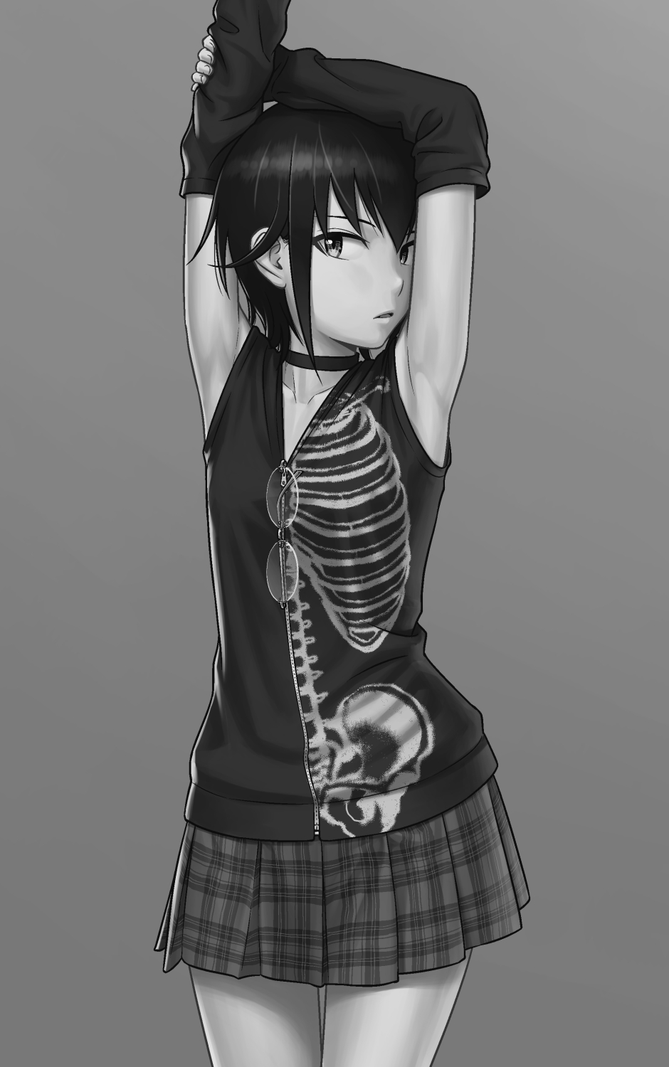 1girl alternate_costume armpits arms_up bangs casual collarbone commentary_request cowboy_shot elbow_gloves english_commentary eyewear_hang eyewear_removed flat_chest glasses gloves greyscale hair_between_eyes highres ichikawa_masahiro komiyama_kotomi looking_at_viewer miniskirt mixed-language_commentary monochrome parted_lips plaid plaid_skirt pleated_skirt print_shirt shirt short_hair skeleton_print skirt sleeveless sleeveless_shirt solo standing watashi_ga_motenai_no_wa_dou_kangaetemo_omaera_ga_warui! zipper zipper_pull_tab