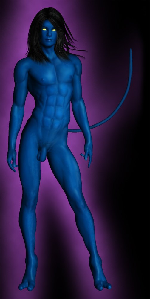 3d balls butt front male marvel model muscles mutant nightcrawler nude penis purple_background solo unknown_artist x-men yellow_eyes