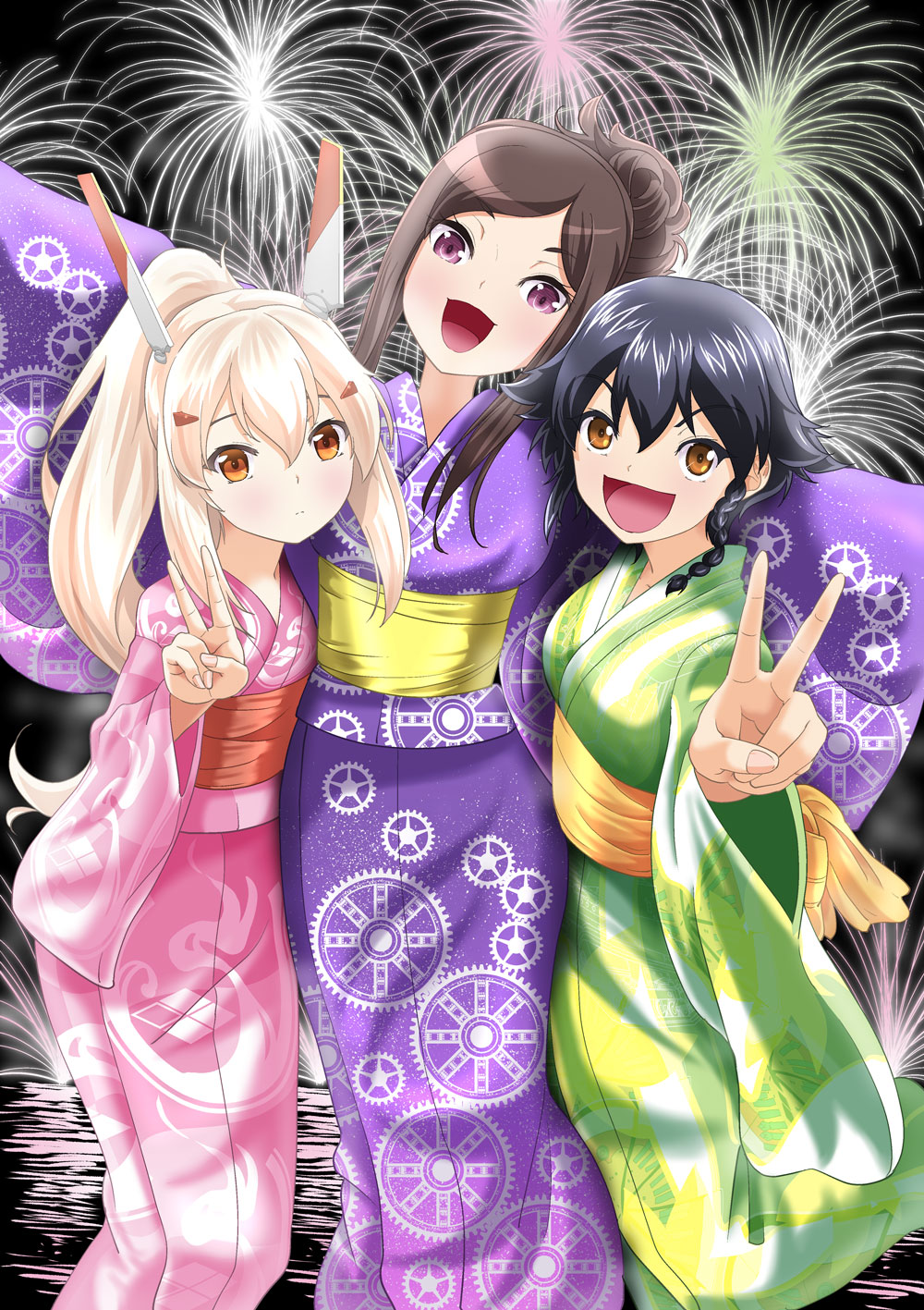 3girls :d alternate_costume ayanami_(azur_lane) azur_lane bangs black_hair brown_eyes commentary_request crossover dorothy_(princess_principal) eyebrows_visible_through_hair fireworks girls_und_panzer hair_between_eyes hair_ornament hairclip headgear highres japanese_clothes kimono long_hair looking_at_viewer multiple_girls night night_sky open_mouth orange_eyes outstretched_arms pepperoni_(girls_und_panzer) ponytail princess_principal purple_eyes retrofit_(azur_lane) short_hair sidelocks silver_hair sky smile spread_arms taniguchi_gou v yukata