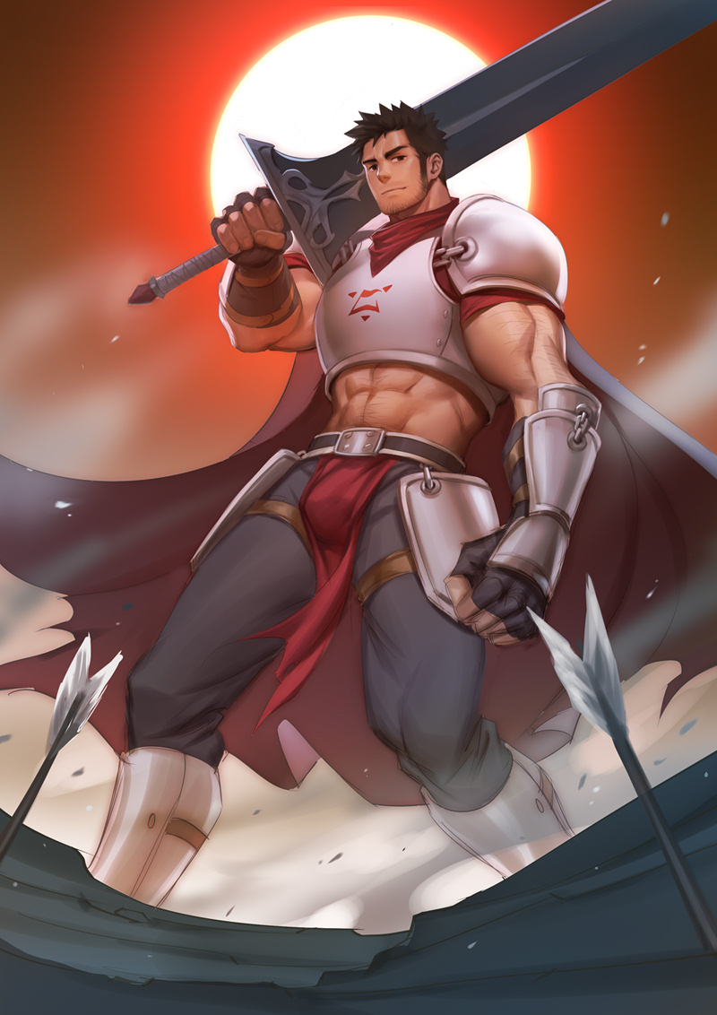 1boy abs armor arrow_(projectile) bara beard black_pants breastplate bulge check_copyright chrisanother copyright_request facial_hair feet_out_of_frame holding holding_sword holding_weapon large_pectorals leggings looking_at_viewer male_focus mature_male midriff moon muscular muscular_male navel navel_hair original over_shoulder pants pectorals pelvic_curtain red_moon short_hair sideburns solo stomach stubble sword sword_over_shoulder thick_thighs thighs weapon weapon_over_shoulder wind