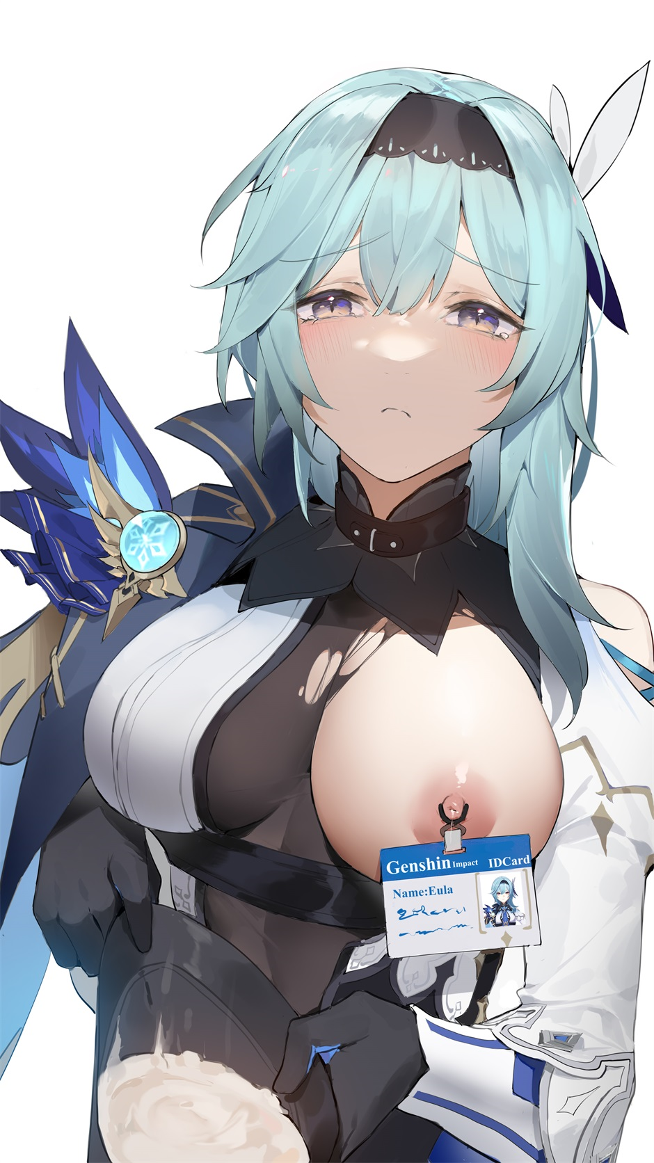 1girl ahegao bangs blue_hair blush breasts character_name closed_mouth collar commentary_request container copyright_name cum cum_in_container cum_pool english_text eula_(genshin_impact) genshin_impact gloves highres id_card lactation large_breasts looking_at_viewer milk nipple_clamps nipple_tag nipples one_breast_out open_clothes open_shirt sdustz simple_background skirt solo tearing_up torn_clothes torn_skirt vision_(genshin_impact) white_background