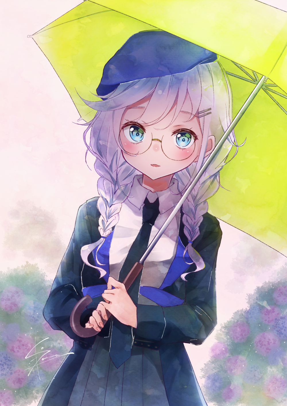 1girl beret black_jacket blue_eyes blue_headwear braid collared_shirt commentary_request girls'_frontline glasses green_umbrella hair_ornament hair_over_shoulder hairclip hat highres holding holding_umbrella jacket kodama_(koda_mat) long_hair looking_at_viewer necktie parted_lips pleated_skirt shirt sier_(girls'_frontline) skirt solo twin_braids umbrella upper_body white_hair white_shirt