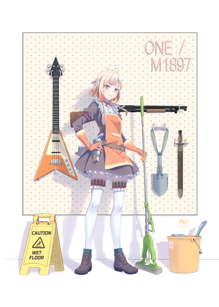 1girl apron bayonet blonde_hair blue_eyes boots bottle bucket commentary_request dress electric_guitar entrenching_tool frilled_dress frills full_body girls'_frontline gloves guitar gun hand_on_hip instrument juliet_sleeves kico_(subland) long_sleeves looking_at_viewer m1897_(girls'_frontline) maid mop multicolored_hair orange_apron orange_gloves orange_hair puffy_sleeves rubber_gloves sheath sheathed short_hair shotgun shotgun_shells shovel solo spray_bottle thighhighs weapon wet_floor_sign white_legwear winchester_model_1897