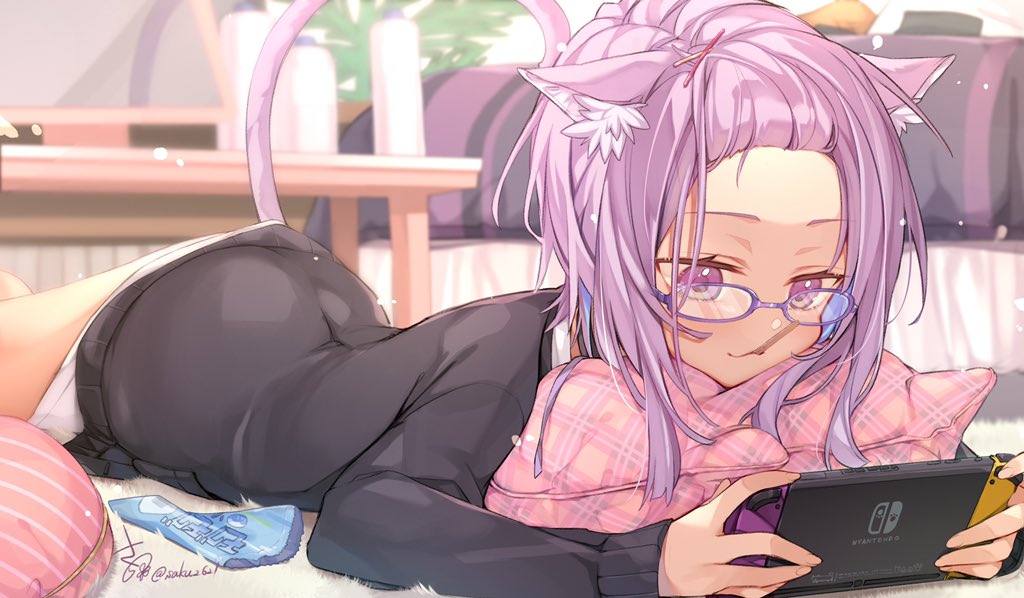 1girl :3 alternate_costume animal_ear_fluff animal_ears ass bed black_sweater casual cat_ears cat_girl cat_tail closed_mouth commentary cowboy_shot forehead glasses hair_ornament hair_pulled_back hairclip hololive indoors light_purple_hair long_sleeves lying medium_hair mouth_hold nekomata_okayu nintendo_switch on_stomach pillow plant popsicle_stick potted_plant purple-framed_eyewear purple_eyes saku2621 shirt signature solo sweater tail twitter_username virtual_youtuber white_shirt wrapper