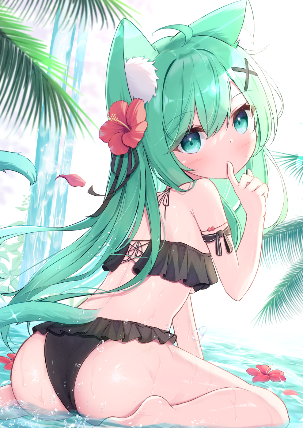 1girl ahoge animal_ear_fluff animal_ears ass bangs bare_shoulders barefoot bikini black_bikini blush cat_ears cat_girl cat_tail commentary_request covered_mouth eyebrows_visible_through_hair finger_to_mouth flower flower_on_liquid frilled_bikini frills green_eyes green_hair hair_between_eyes hair_flower hair_ornament hairclip hand_up hibiscus highres mikaze_oto original petals petals_on_liquid red_flower shallow_water sitting solo swimsuit tail wariza water waterfall x_hair_ornament