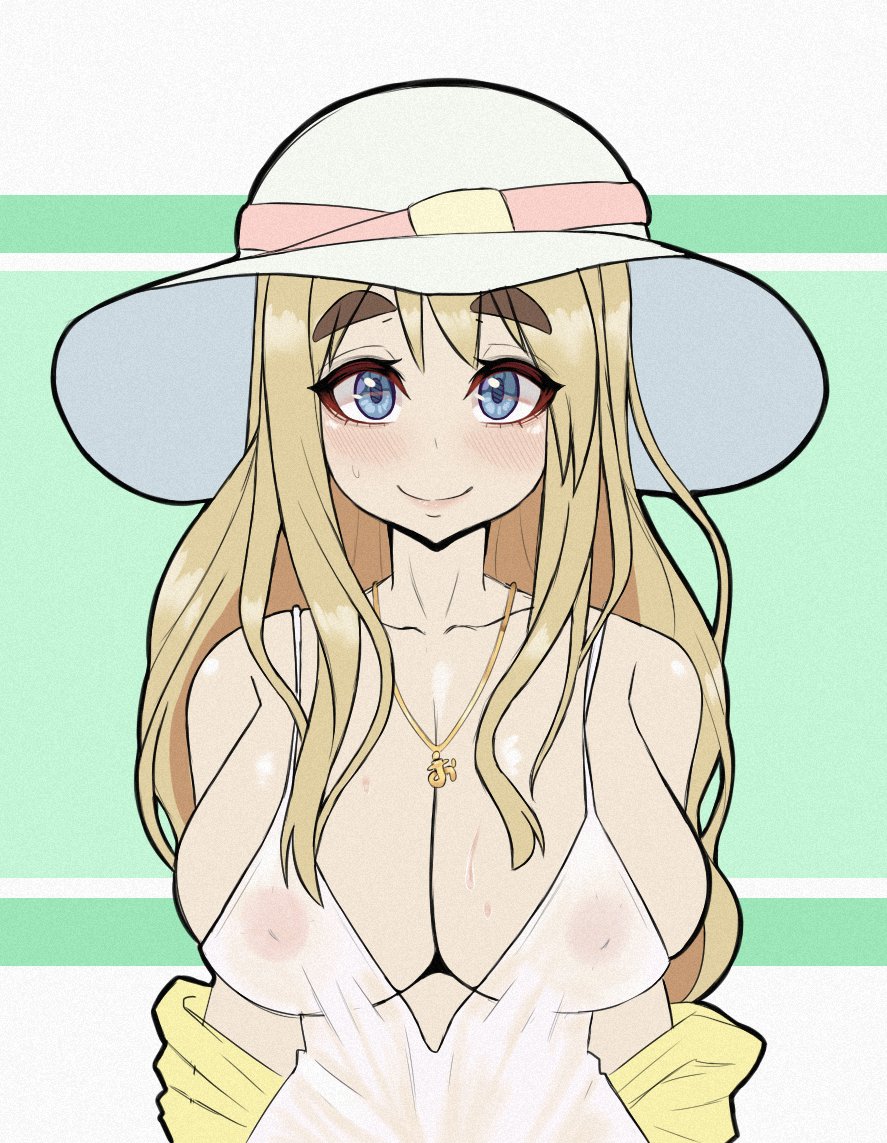 1girl areolae blonde_hair blue_eyes blush breasts cleavage closed_mouth collarbone dress eyebrows_visible_through_hair green_background hat jewelry k-on! kotobuki_tsumugi large_breasts lips long_hair looking_at_viewer necklace nipples see-through_dress smile solo sweat thick_eyebrows upper_body wet wet_clothes wet_dress white_dress white_headwear young_savage