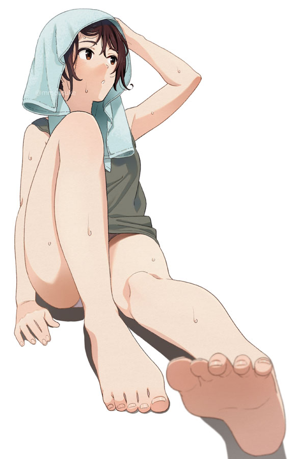 1girl arm_up bare_arms bare_legs bare_shoulders barefoot black_tank_top brown_eyes brown_hair feet full_body knee_up legs looking_away mattaku_mousuke original parted_lips shadow sitting soles solo tank_top toes towel towel_on_head wet white_background