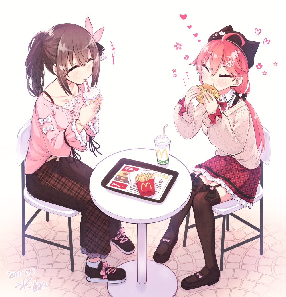 2girls ahoge bangs bra_strap brown_hair burger cat_hair_ornament chair closed_eyes collarbone commentary_request cup disposable_cup eating eyebrows_visible_through_hair food french_fries full_body garter_straps hair_ornament heart hikawa_shou hololive long_skirt low_twintails mcdonald's miniskirt multiple_girls pink_hair plaid plaid_skirt ponytail sakura_miko shoes skirt sneakers table thighhighs tokino_sora twintails virtual_youtuber