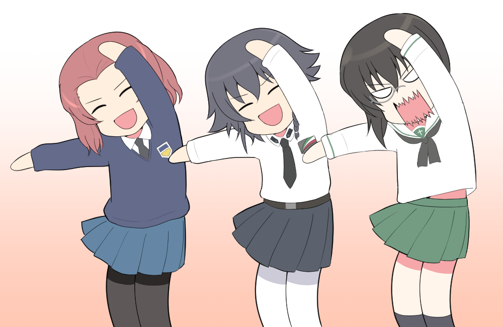 3girls :d anzio_school_uniform arms_up azumanga_daioh bangs belt beret black_belt black_hair black_headwear black_legwear black_neckwear black_skirt blank_eyes blouse blue_skirt blue_sweater bob_cut bonklers braid chibi closed_eyes commentary_request dancing dress_shirt emblem facing_viewer girls_und_panzer gradient gradient_background grey-framed_eyewear hat iteza_(flapper_girl_25) kawashima_momo long_sleeves medium_hair miniskirt monocle multiple_girls neckerchief necktie ooarai_school_uniform open_mouth pantyhose parody partial_commentary pepperoni_(girls_und_panzer) pink_background pleated_skirt red_hair rosehip_(girls_und_panzer) sailor_collar scene_reference school_uniform semi-rimless_eyewear serafuku sharp_teeth shirt short_hair side_braid skirt smile socks st._gloriana's_school_uniform standing sweater teeth tilted_headwear under-rim_eyewear v-neck v-shaped_eyes white_blouse white_legwear white_sailor_collar white_shirt wing_collar