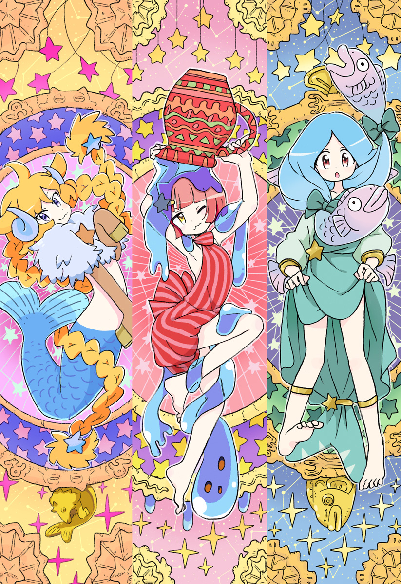 3girls :3 ahoge aquarius arms_up bangs barefoot blonde_hair blue_eyes blue_hair bow braid capricorn fish hair_bow hair_ornament highres holding horns horoscope long_hair long_sleeves mermaid mokeo monster_girl multiple_girls one_eye_closed open_mouth original pisces red_eyes red_hair short_hair slime_(substance) sparkle star_(symbol) star_hair_ornament striped twin_braids vase very_long_hair wavy_mouth yellow_eyes