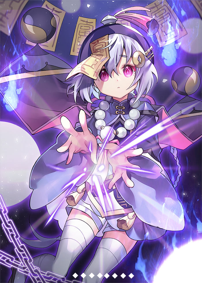 1girl aura bangs bead_necklace beads chain coin_hair_ornament dress genshin_impact ghost hair_between_eyes hat jewelry jiangshi looking_at_viewer multicolored multicolored_background necklace purple_dress purple_eyes purple_hair qing_guanmao qiqi_(genshin_impact) sal thighhighs wide_sleeves