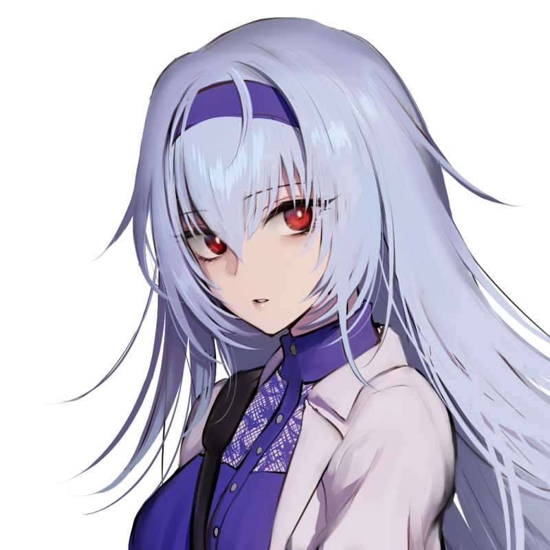 1girl bangs commentary_request dress girls'_frontline girls'_frontline_glitch_land grey_hair hair_between_eyes hairband jacket long_hair looking_at_viewer open_clothes open_jacket portrait purple_dress purple_hairband red_eyes shoukaki_(earthean) solo thunder_(girls'_frontline) white_background white_jacket