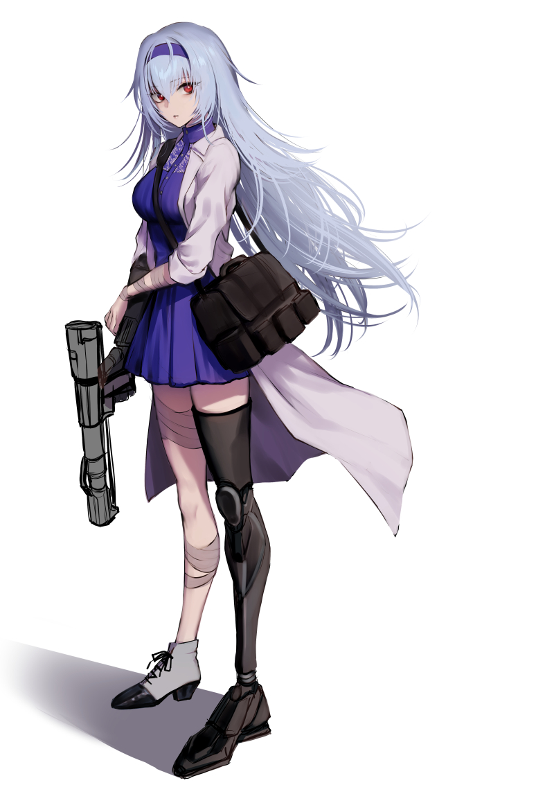 1girl bag bandaged_arm bandaged_leg bandages bangs breasts commentary_request dress girls'_frontline girls'_frontline_glitch_land grey_hair gun hair_between_eyes hairband holding holding_gun holding_weapon jacket large_breasts long_hair long_jacket looking_at_viewer mechanical_arms mechanical_legs open_clothes open_jacket purple_dress purple_hairband red_eyes shadow shoes shoukaki_(earthean) shoulder_bag single_mechanical_arm single_mechanical_leg single_shoe sleeves_rolled_up solo thunder_(girls'_frontline) triple_action_thunder very_long_hair weapon white_background white_jacket