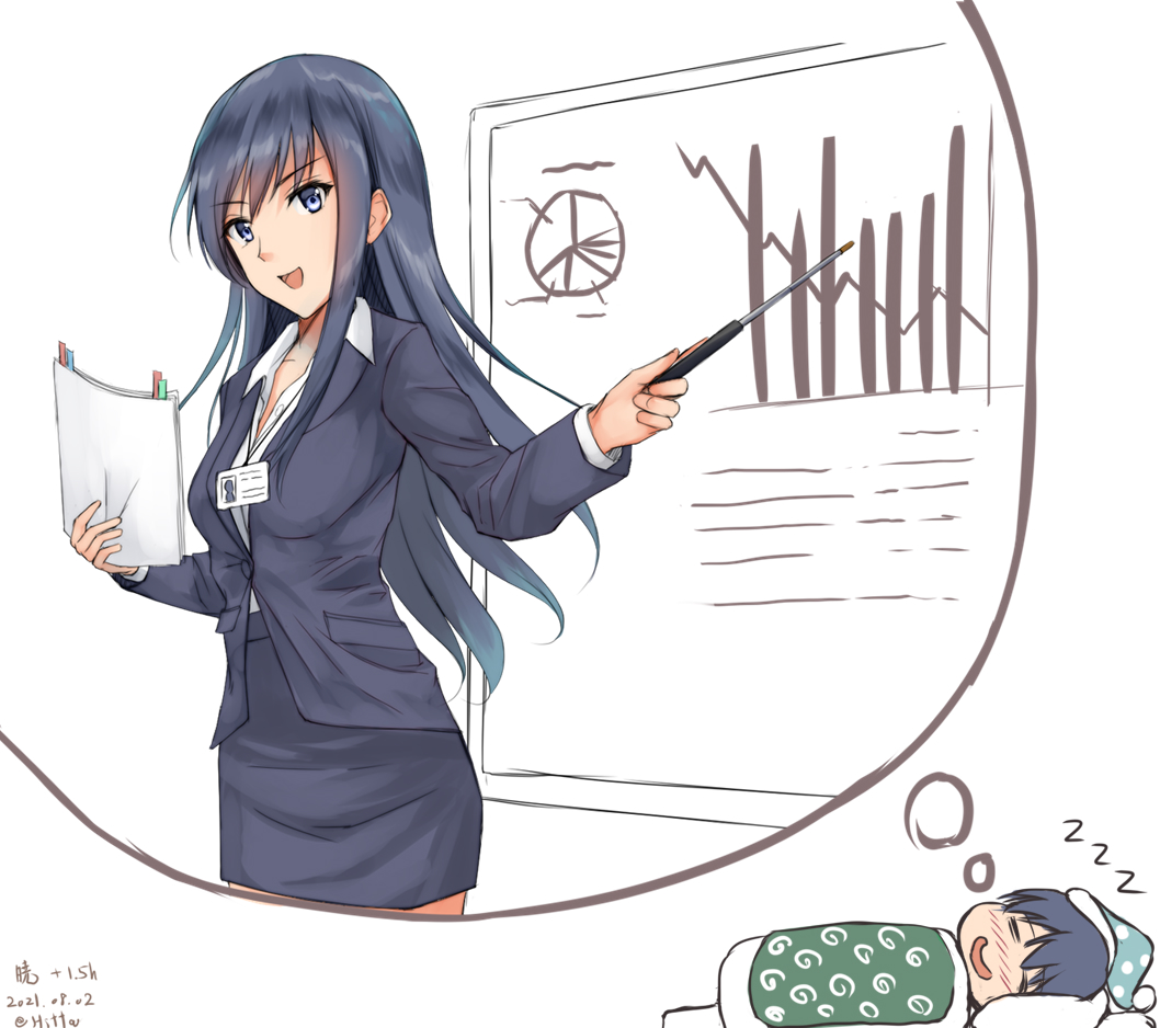 1girl akatsuki_(kancolle) anatamo bar_graph black_eyes black_hair black_jacket black_skirt dated dreaming formal futon ichininmae_no_lady id_card jacket kantai_collection long_hair office_lady older one-hour_drawing_challenge pencil_skirt pie_chart pointer skirt skirt_suit sleeping solo suit suit_jacket twitter_username zzz