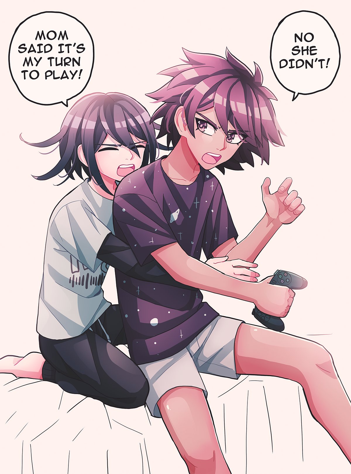 2boys alternate_costume alternate_hairstyle bangs black_hair cheer_(cheerkitty14) collarbone controller danganronpa_(series) danganronpa_v3:_killing_harmony english_commentary english_text feet_out_of_frame glasses grey_shirt grey_shorts highres holding holding_controller layered_sleeves long_sleeves male_focus momota_kaito multiple_boys open_mouth ouma_kokichi pants playstation_controller purple_hair purple_shirt shiny shiny_hair shirt short_over_long_sleeves short_sleeves shorts sitting space_print spiked_hair starry_sky_print t-shirt what_if younger
