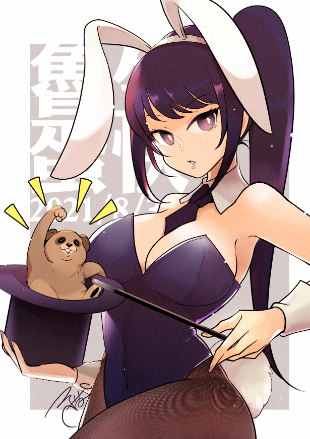 1girl aa2233a animal animal_ears black_headwear black_leotard black_neckwear brown_legwear detached_collar fake_animal_ears fake_tail hat hat_removed headwear_removed lanmei leotard long_hair looking_at_viewer necktie original pantyhose playboy_bunny purple_eyes rabbit_ears solo standing strapless strapless_leotard tail wand