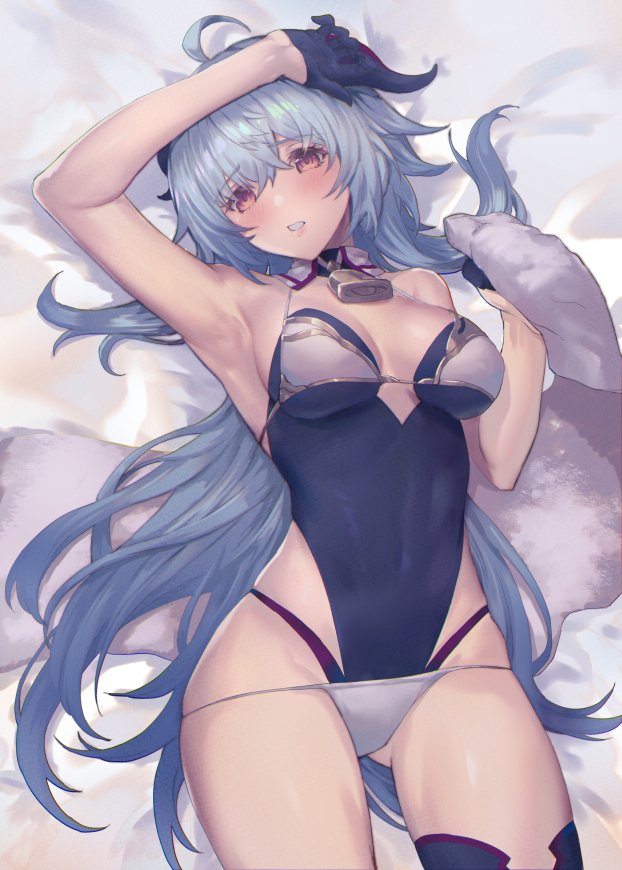 1girl ahoge armpits ass_visible_through_thighs bare_shoulders bell bikini blue_hair breasts commentary_request cowboy_shot detached_collar eyebrows_visible_through_hair ganyu_(genshin_impact) genshin_impact gloves hair_between_eyes half_gloves horns large_breasts leotard long_hair looking_at_viewer lying neck_bell on_back oukawa_yuu parted_lips sleeveless solo strapless strapless_leotard swimsuit teeth thighhighs