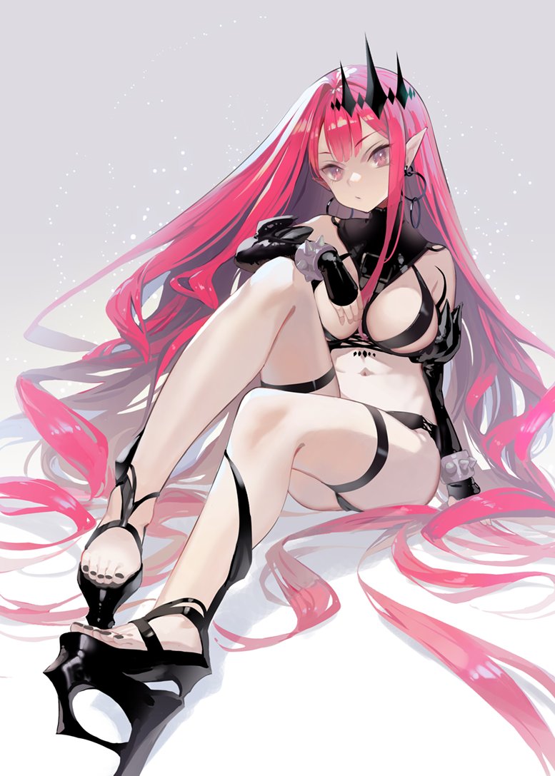 1girl between_breasts black_footwear black_gloves black_headwear black_nails black_panties bracelet breasts circlet cleavage closed_mouth clothes_between_breasts commentary earrings elbow_gloves expressionless eyebrows_visible_through_hair fairy_knight_tristan_(fate) fate/grand_order fate_(series) feet full_body gloves gradient gradient_background grey_background hoop_earrings jewelry large_breasts legs long_hair long_legs looking_at_viewer nail_polish navel panties pink_eyes pink_hair platform_footwear pointy_ears revealing_clothes ritsuki simple_background sitting solo spiked_bracelet spikes stomach straight_hair toenail_polish toenails toes underwear very_long_hair