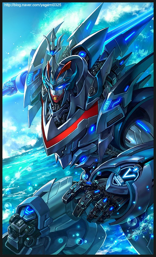 black_border blue_eyes border glowing glowing_eye holding kim_yura_(goddess_mechanic) leaning_forward mecha no_humans ocean redesign science_fiction solo super_robot taekwon_v taekwon_v_(robot) water watermark waving web_address