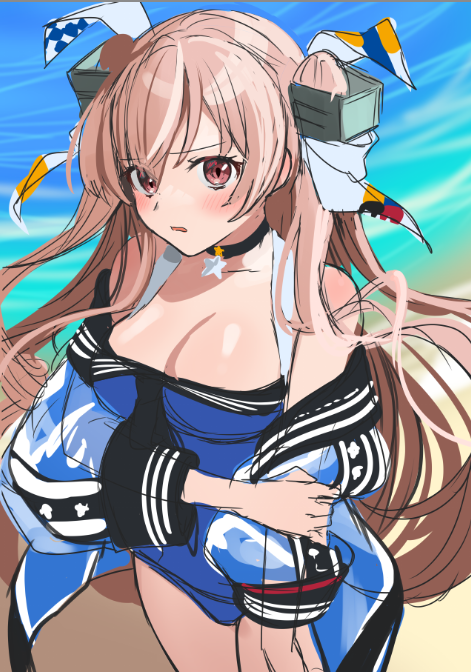 1girl blue_swimsuit breasts brown_eyes casual_one-piece_swimsuit choker cleavage commentary cowboy_shot hair_ornament johnston_(kancolle) kantai_collection large_breasts light_brown_hair long_hair looking_at_viewer one-piece_swimsuit see-through_jacket solo standing swimsuit two_side_up work_in_progress yunamaro