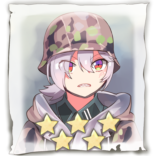 1girl bangs camouflage camouflage_coat camouflage_helmet closed_mouth company_of_heroes german_army hair_between_eyes hat lowres medium_hair military military_coat military_hat military_uniform open_mouth original ponytail portrait red_eyes sharp_teeth solo star_(symbol) teeth uniform v-shaped_eyebrows world_war_ii zhainan_s-jun