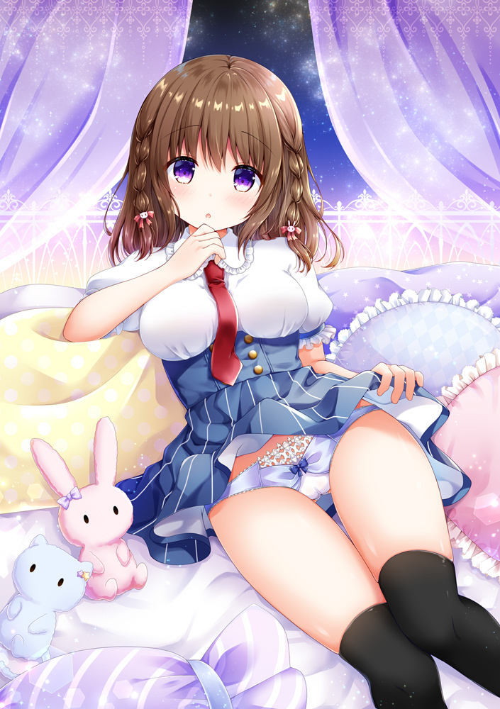 1girl :o ass_visible_through_thighs bangs black_legwear blue_panties blue_skirt blush bow bow_panties braid breasts brown_hair cameltoe clothes_lift collared_shirt commentary_request curtains eyebrows_visible_through_hair feet_out_of_frame frilled_pillow frilled_shirt_collar frills hair_between_eyes lifted_by_self looking_at_viewer medium_breasts murasaki_(murasakiiro_no_yoru) necktie original panties parted_lips pillow pleated_skirt puffy_short_sleeves puffy_sleeves purple_eyes red_neckwear shirt short_sleeves skirt skirt_lift solo stuffed_animal stuffed_bunny stuffed_toy thigh_gap thighhighs transparent twin_braids underwear white_shirt