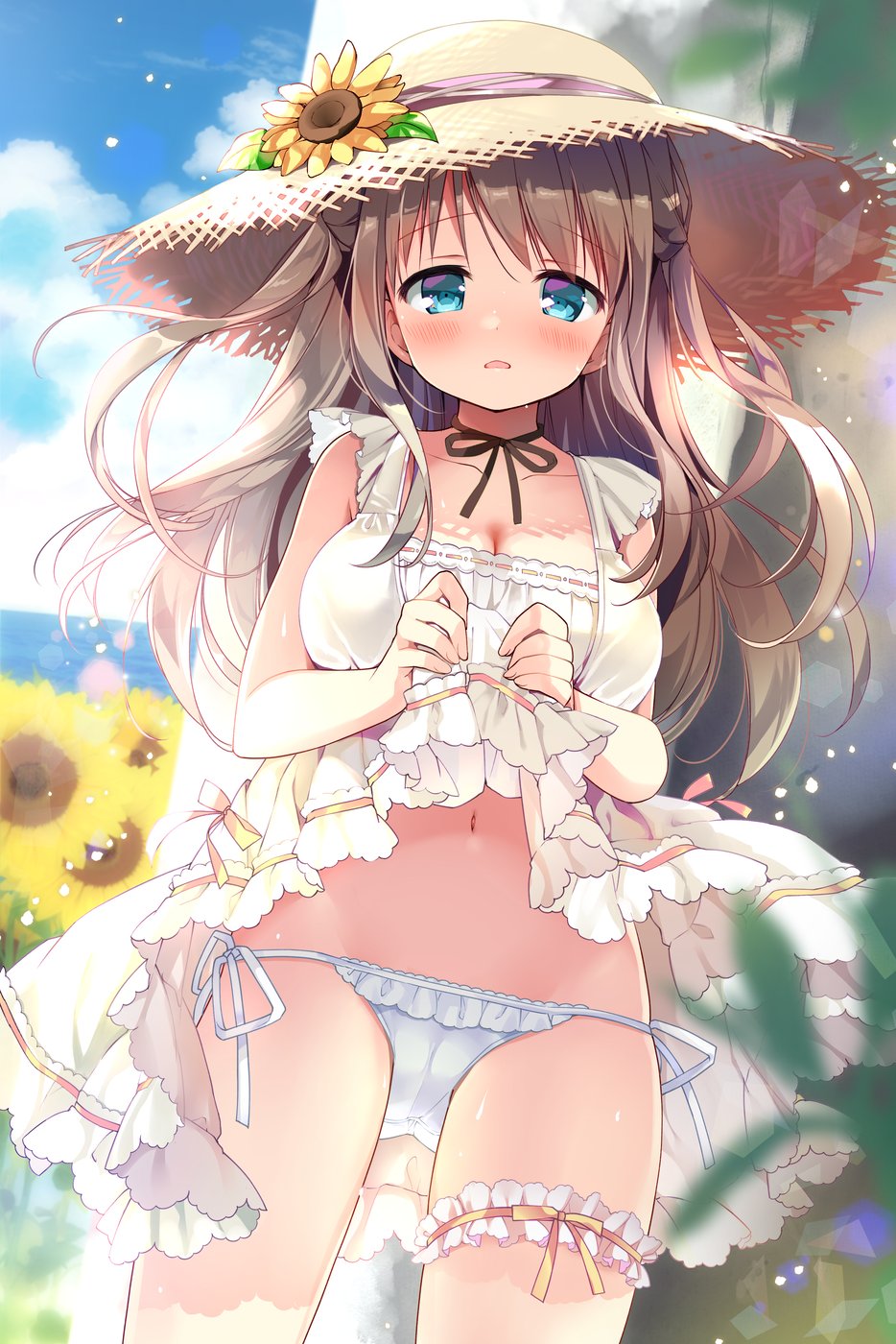 1girl aqua_eyes bangs blue_sky blush breasts brown_hair cleavage clothes_lift collarbone commentary_request day dress dress_lift eyebrows_visible_through_hair flower frilled_dress frills hat hat_flower highres horizon lifted_by_self long_hair looking_at_viewer medium_breasts nagayama_yuunon navel ocean open_mouth original outdoors panties panties_day side-tie_panties single_garter sky sleeveless sleeveless_dress solo straw_hat sun_hat sundress sunflower underwear wavy_hair white_dress white_panties
