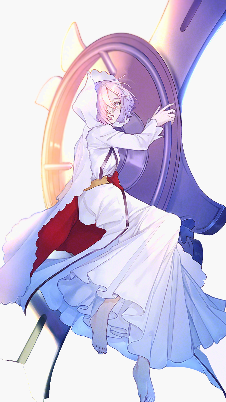 1girl bakushi_(kaeritai0609) barefoot cape dress fate/grand_order fate_(series) hair_over_one_eye hands_up highres holding hood hood_up long_dress long_sleeves looking_at_viewer mash_kyrielight medium_hair one_eye_covered parted_lips pink_eyes pink_hair sash simple_background smile solo white_background white_cape white_dress