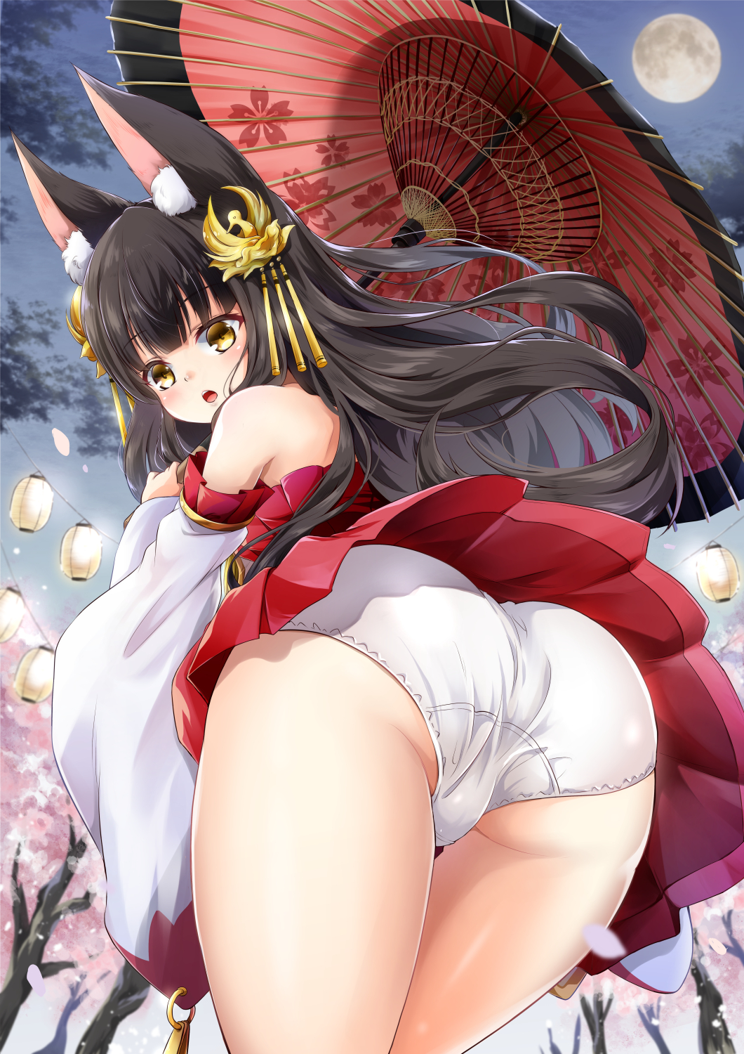 1girl :o animal_ears ass azur_lane bangs bare_shoulders bent_over black_hair blunt_bangs blurry commentary_request depth_of_field detached_sleeves eyebrows_visible_through_hair fox_ears from_behind full_moon hair_ornament highres holding holding_umbrella lampion lantern lantern_festival long_hair looking_at_viewer looking_back minase_tamaki moon nagato_(azur_lane) night night_sky oil-paper_umbrella panties paper_lantern sidelocks sky sky_lantern solo umbrella underwear white_panties wide_sleeves yellow_eyes