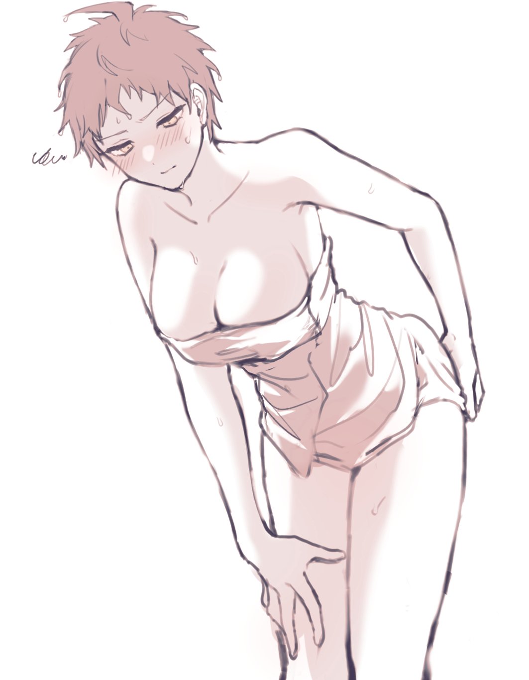 1girl amido_(compassion273) bangs bare_shoulders bent_over blush breasts brown_hair cleavage closed_mouth collarbone commentary danganronpa_(series) danganronpa_2:_goodbye_despair genderswap genderswap_(mtf) hand_on_own_ass hand_on_own_thigh highres hinata_hajime large_breasts limited_palette looking_down naked_towel pale_skin shirt short_hair simple_background solo towel wet wet_hair white_background