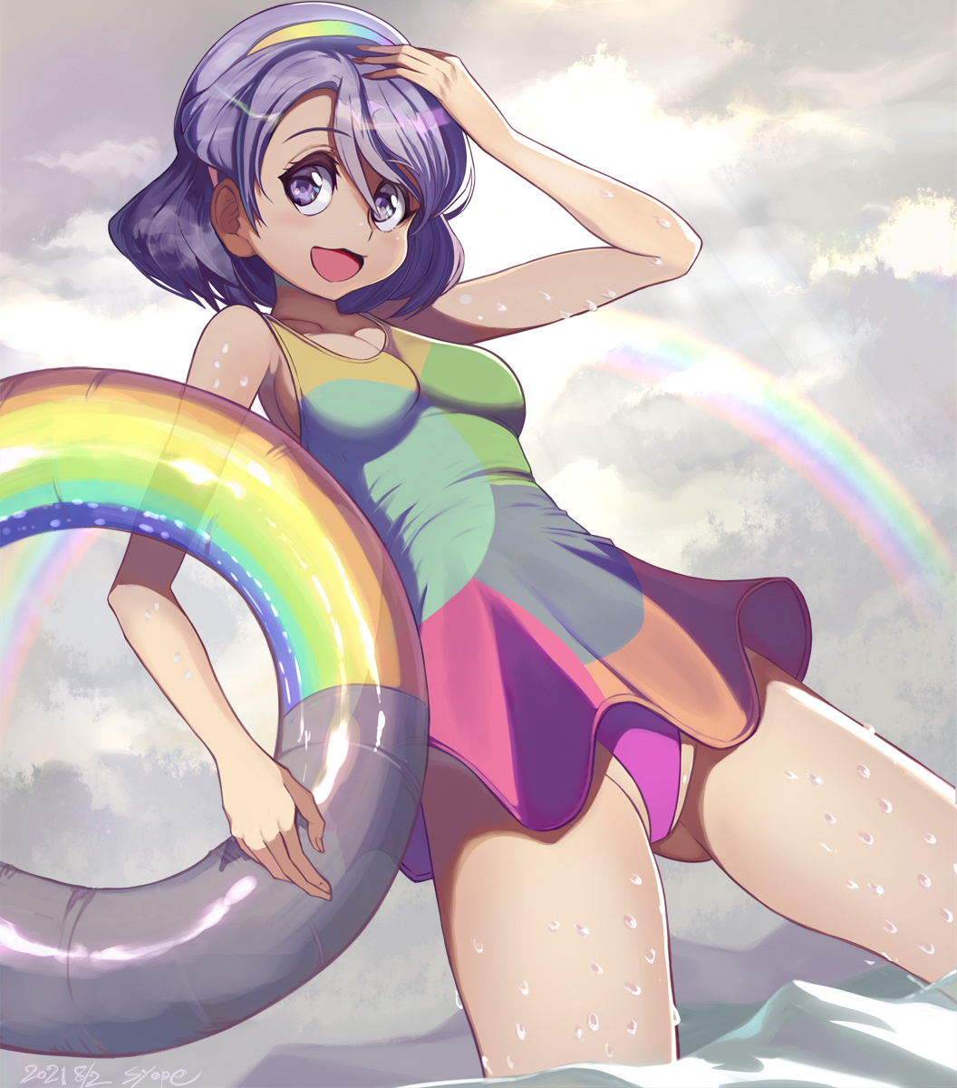 1girl adjusting_clothes adjusting_headwear alternate_costume bangs blush breasts cloud cloudy_sky commentary_request grey_sky hairband hand_on_headwear highres holding holding_innertube innertube medium_breasts multicolored multicolored_clothes multicolored_hairband multicolored_swimsuit ocean one-piece_swimsuit open_mouth purple_eyes purple_hair rainbow shope short_hair sky smile solo swimsuit tenkyuu_chimata touhou water wet