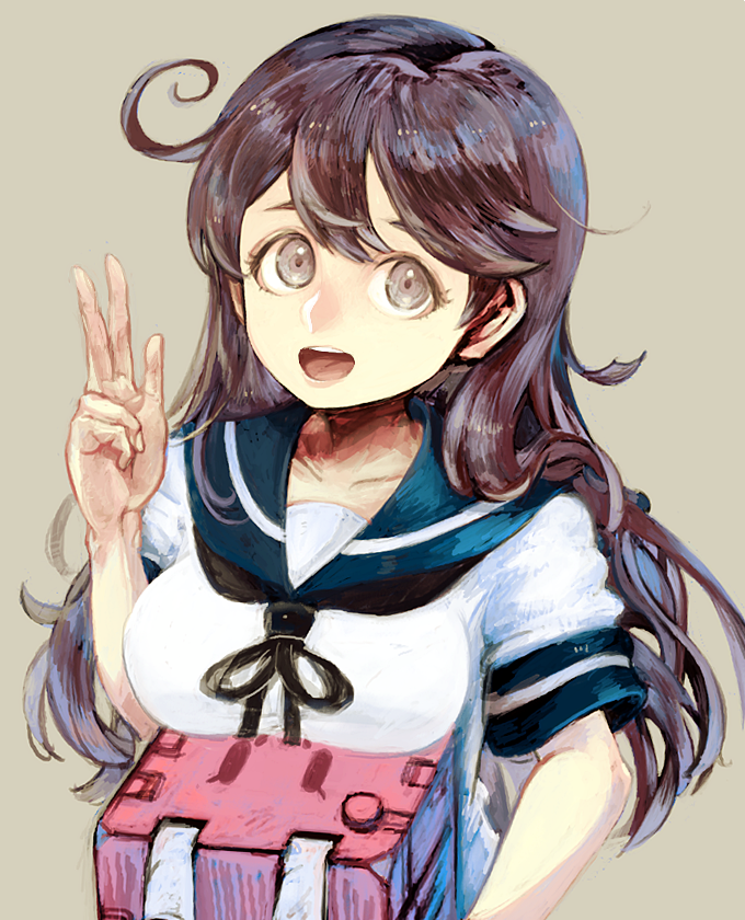 1girl :3 adapted_turret ahoge black_hair blue_sailor_collar breast_rest breasts brown_eyes cannon fujinozu grey_background kantai_collection long_hair looking_at_viewer sailor_collar school_uniform serafuku simple_background smile solo turret upper_body ushio_(kancolle) v