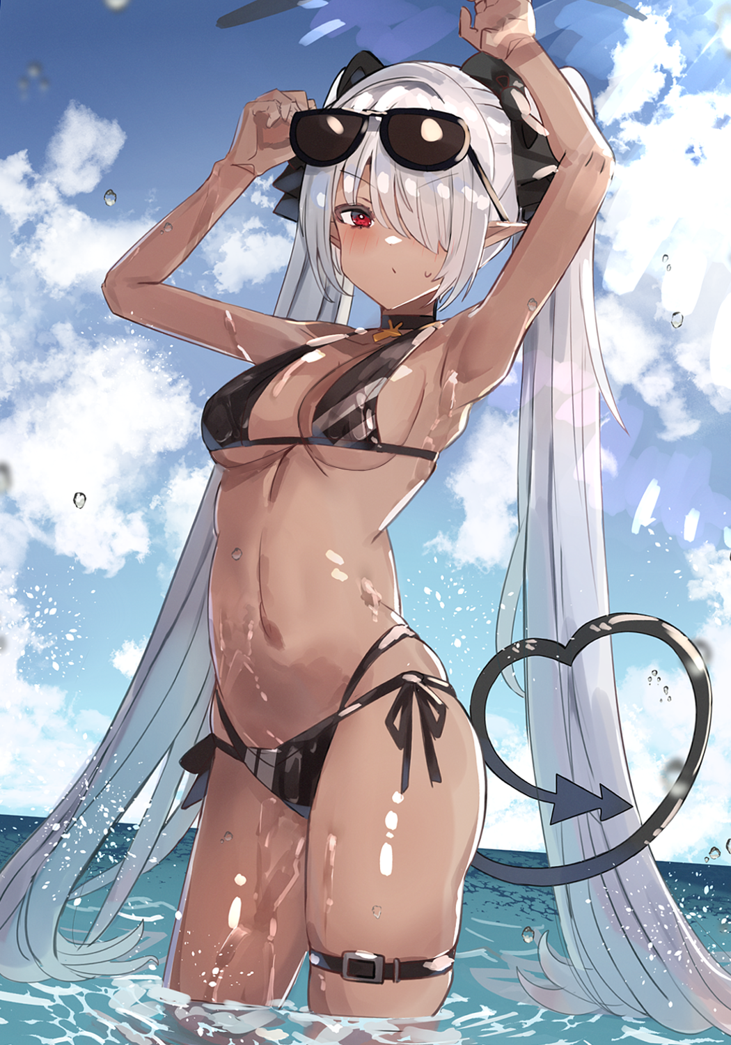 1girl armpits arms_up bikini black_bow black_choker black_ribbon blue_archive blue_sky blush bow breasts choker cleavage closed_mouth commentary_request day demon_tail eyebrows_visible_through_hair eyewear_on_head hair_bow hair_over_one_eye hand_on_headwear heart heart_tail highres horizon iori_(blue_archive) light_rays long_hair looking_at_viewer medium_breasts navel ocean outdoors pointy_ears red_hair ribbon side-tie_bikini silver_hair skindentation sky solo stomach sunbeam sunglasses sunlight swimsuit tail the_olphy thigh_strap twintails very_long_hair wading water