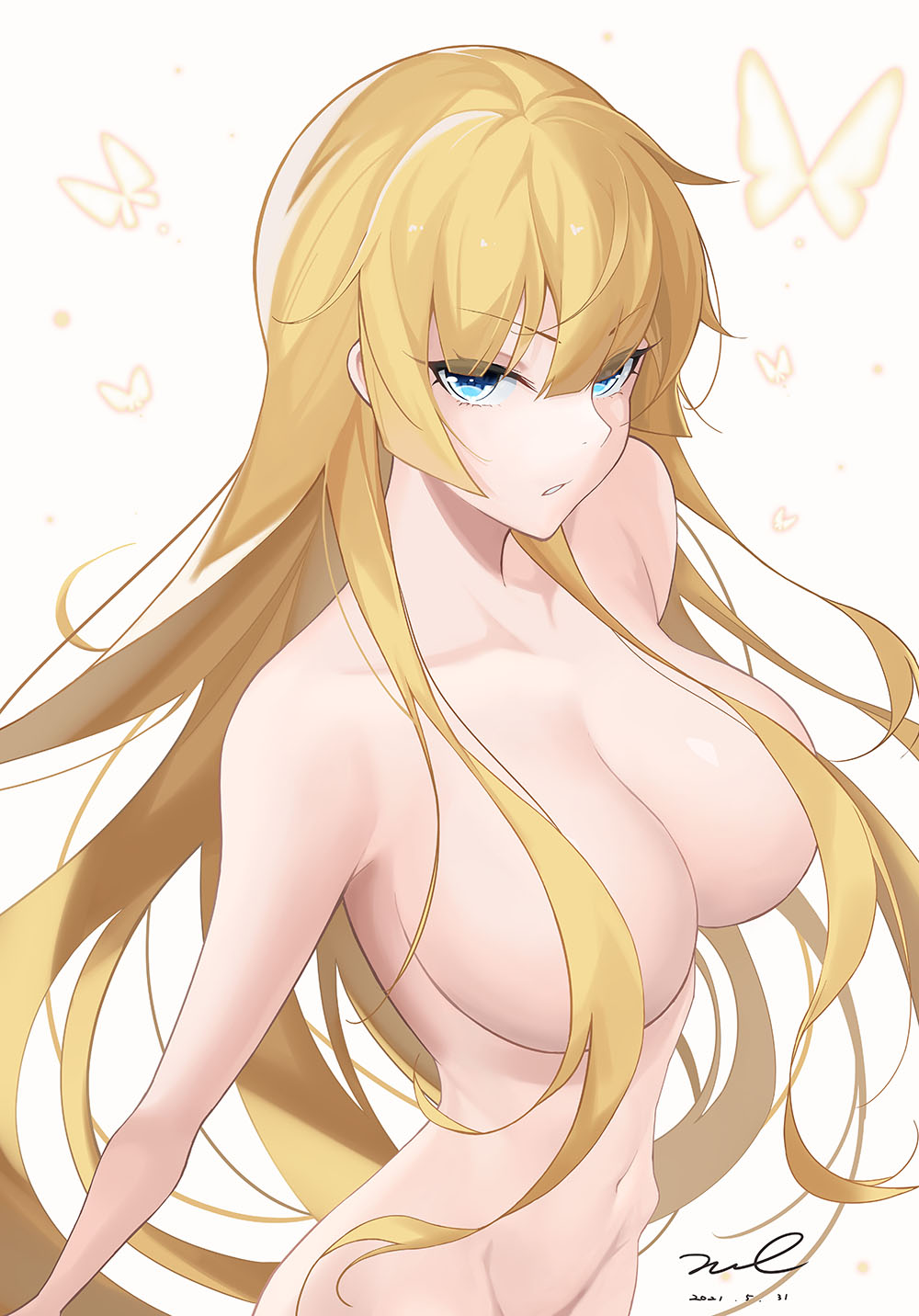 1girl aqua_eyes artist_name bangs blonde_hair blunt_bangs breasts bug butterfly cleavage collarbone commentary dated eyebrows_visible_through_hair floating_hair from_above hair_between_eyes hair_censor hair_over_breasts highres insect large_breasts long_hair looking_at_viewer navel nude original parted_lips signature simple_background solo stomach translucent_hair unel very_long_hair white_background